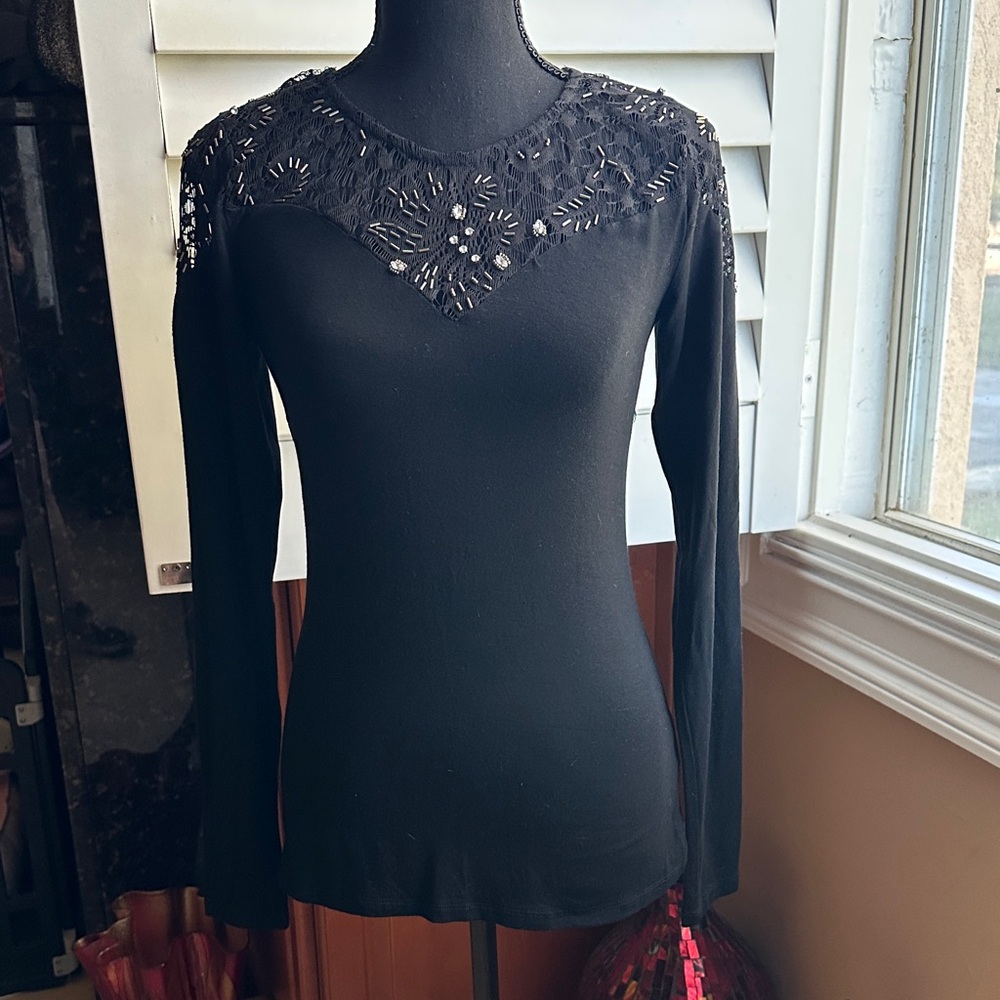 BKE Black Long Sleeve Top with Lace Detail